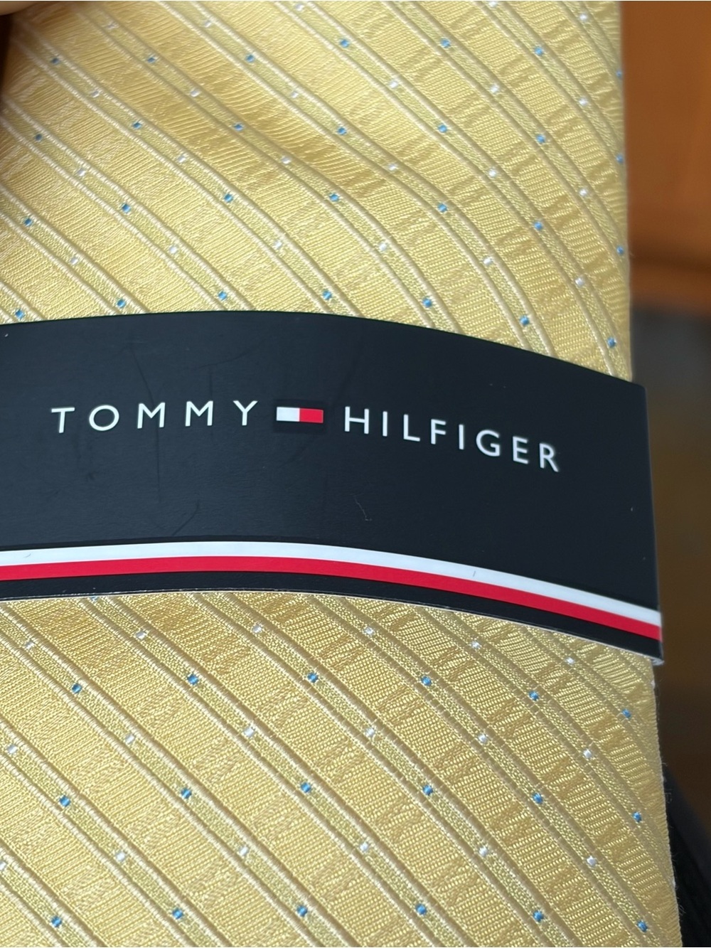 NWT Tommy Hilfiger Pale Yellow Silk Tie with Light Blue Dots